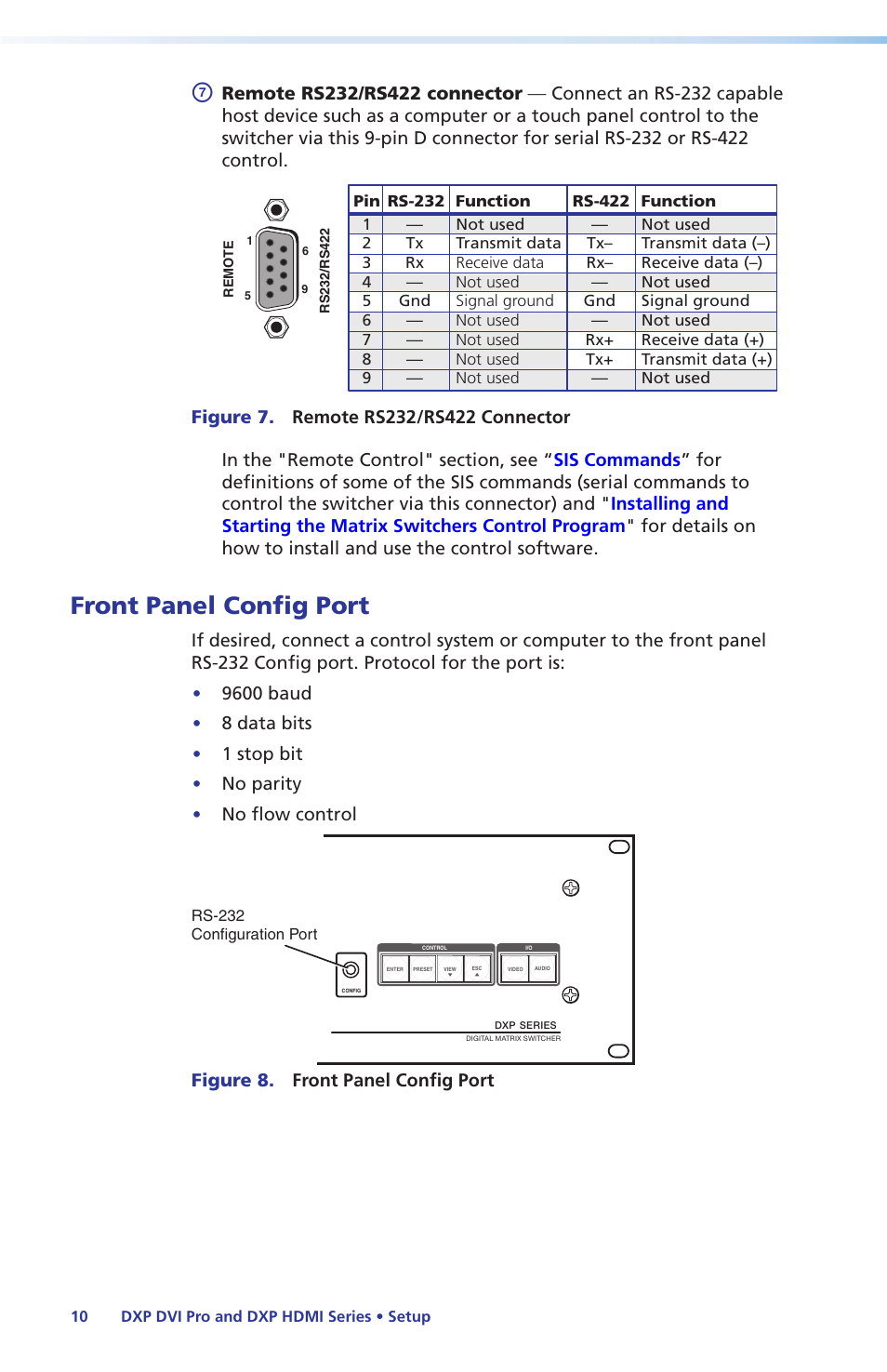 Front panel config port, Remote rs232/rs422 connector | Extron Electronics DXP DVI Pro Setup Guide User Manual | Page 16 / 48