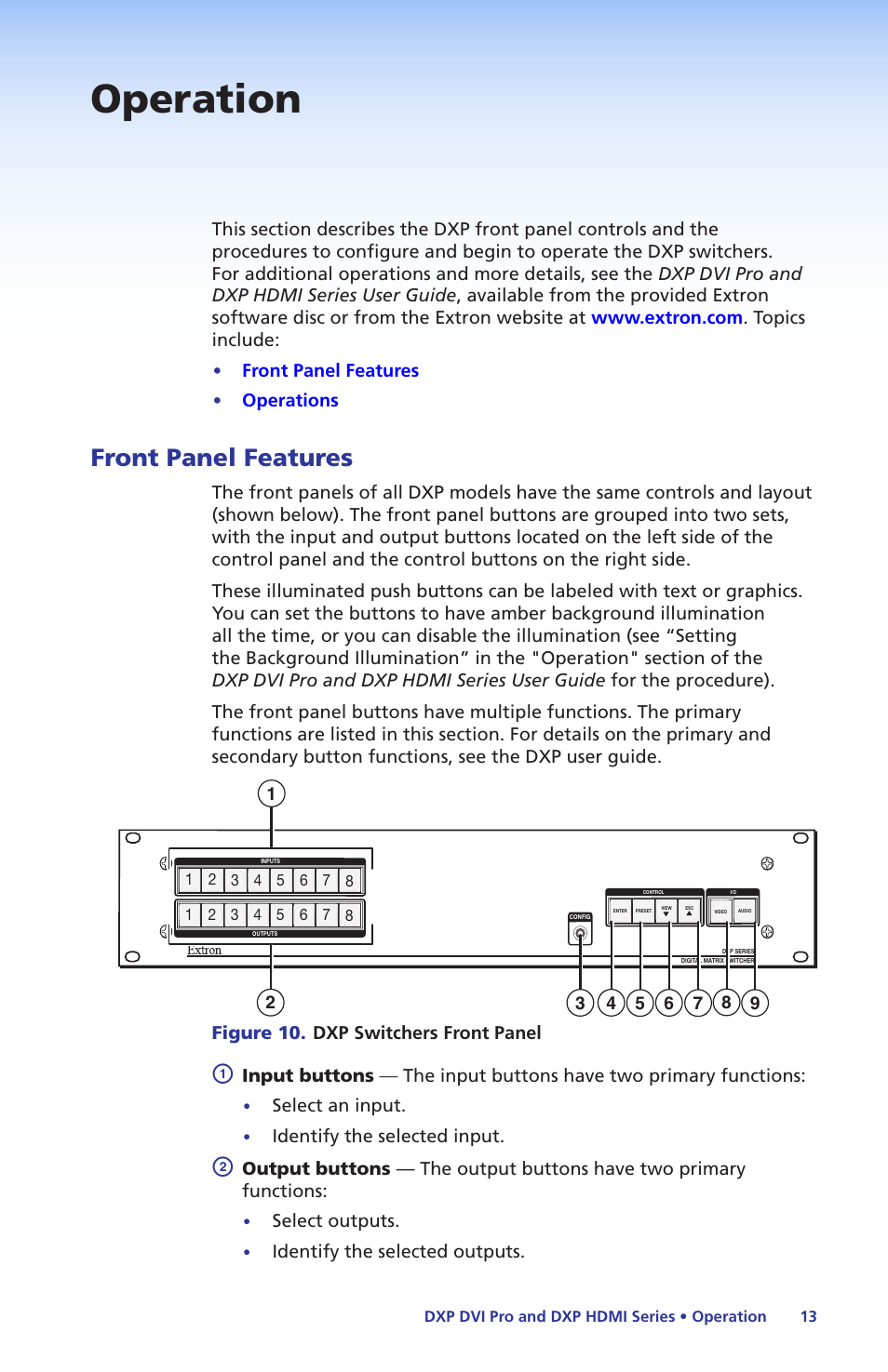 Operation, Front panel features | Extron Electronics DXP DVI Pro Setup Guide User Manual | Page 19 / 48