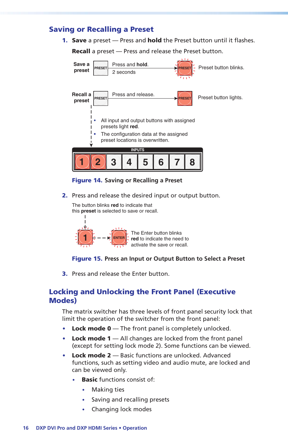 Saving or recalling a preset, Front panel (executive modes) | Extron Electronics DXP DVI Pro Setup Guide User Manual | Page 22 / 48