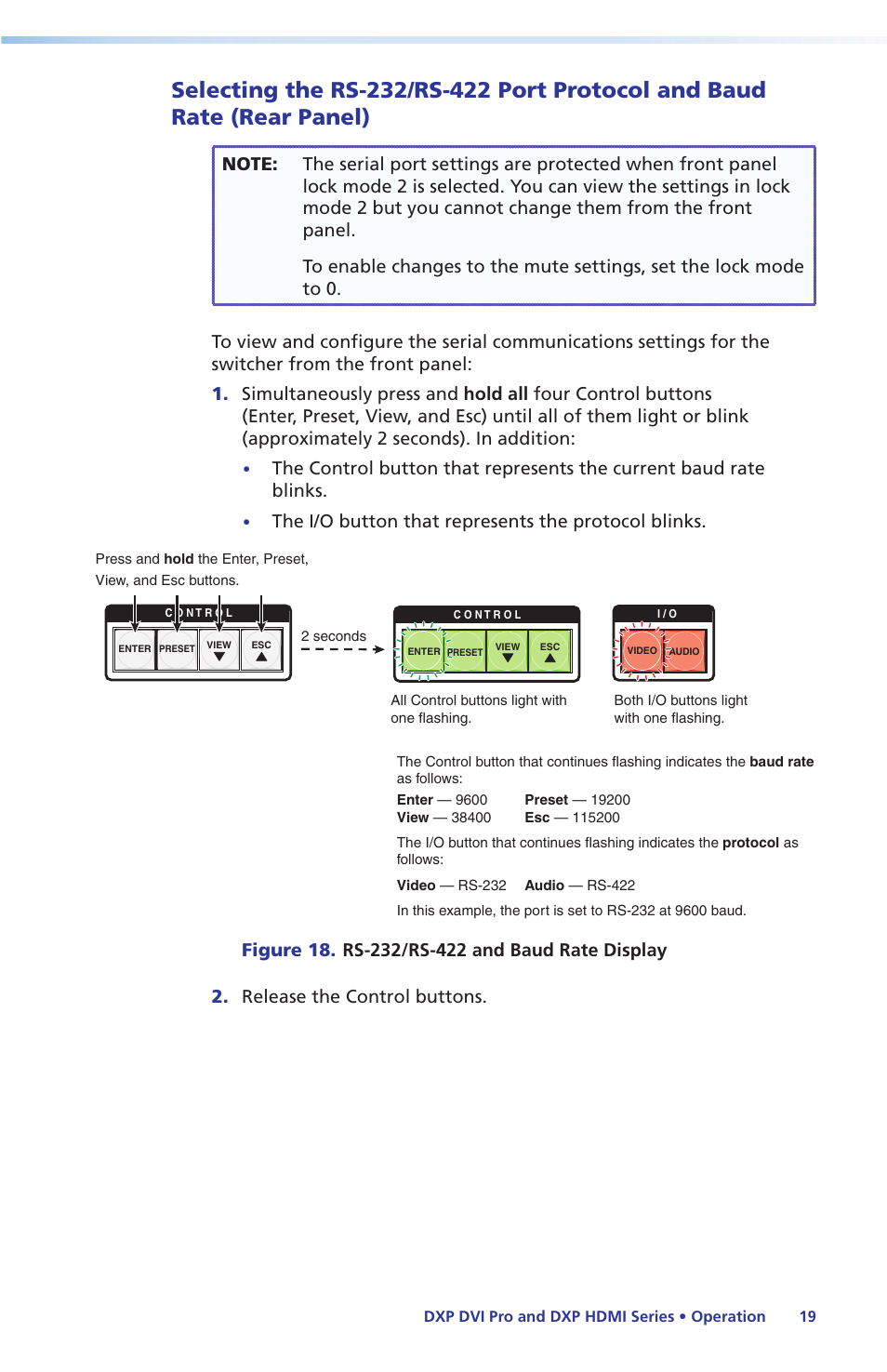 Selecting the rs-232/rs-422 port, Protocol and baud rate (rear panel), The i/o button that represents the protocol blinks | Extron Electronics DXP DVI Pro Setup Guide User Manual | Page 25 / 48