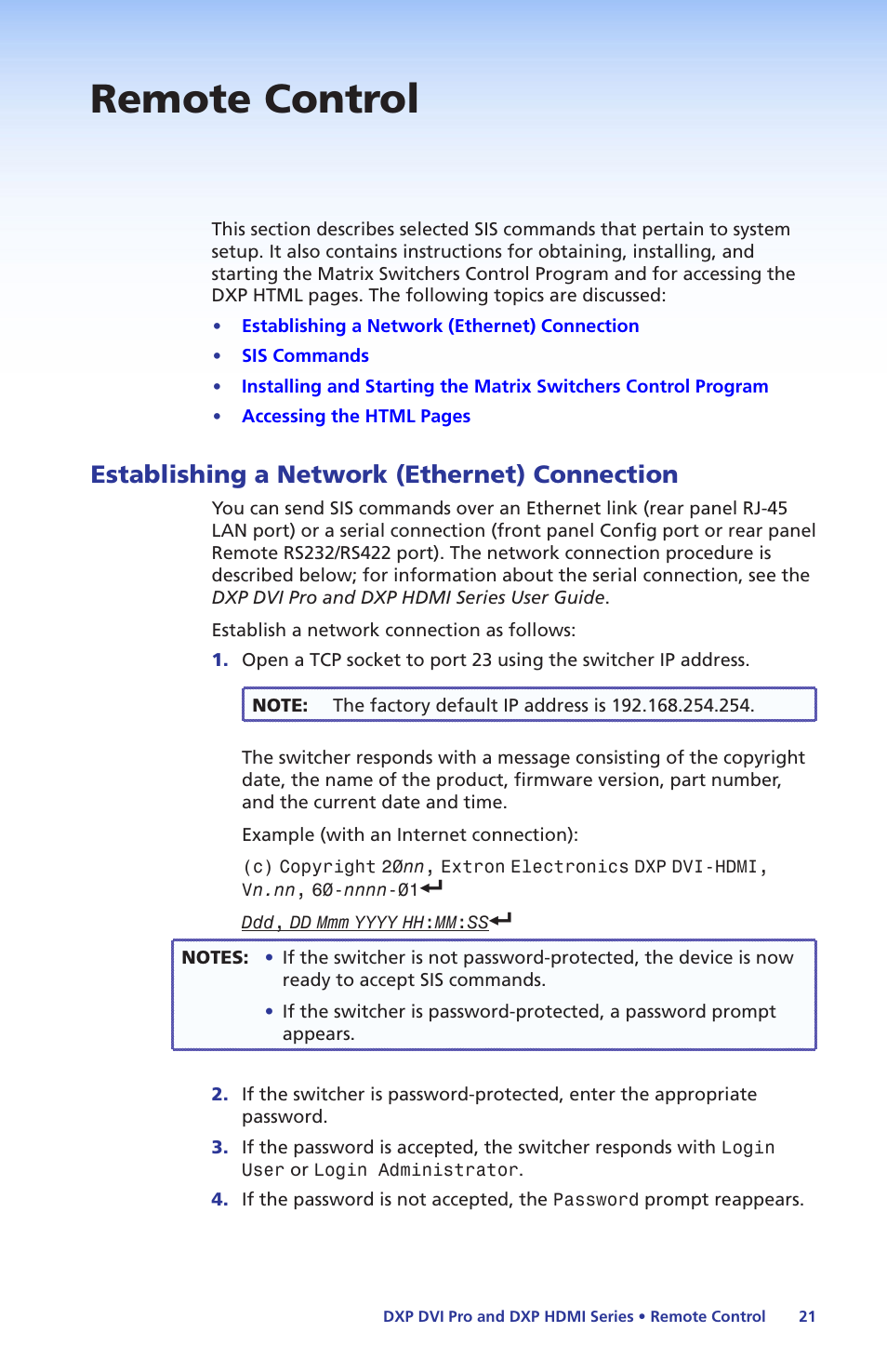 Remote control, Establishing a network (ethernet) connection, Establishing a network | Ethernet) connection | Extron Electronics DXP DVI Pro Setup Guide User Manual | Page 27 / 48