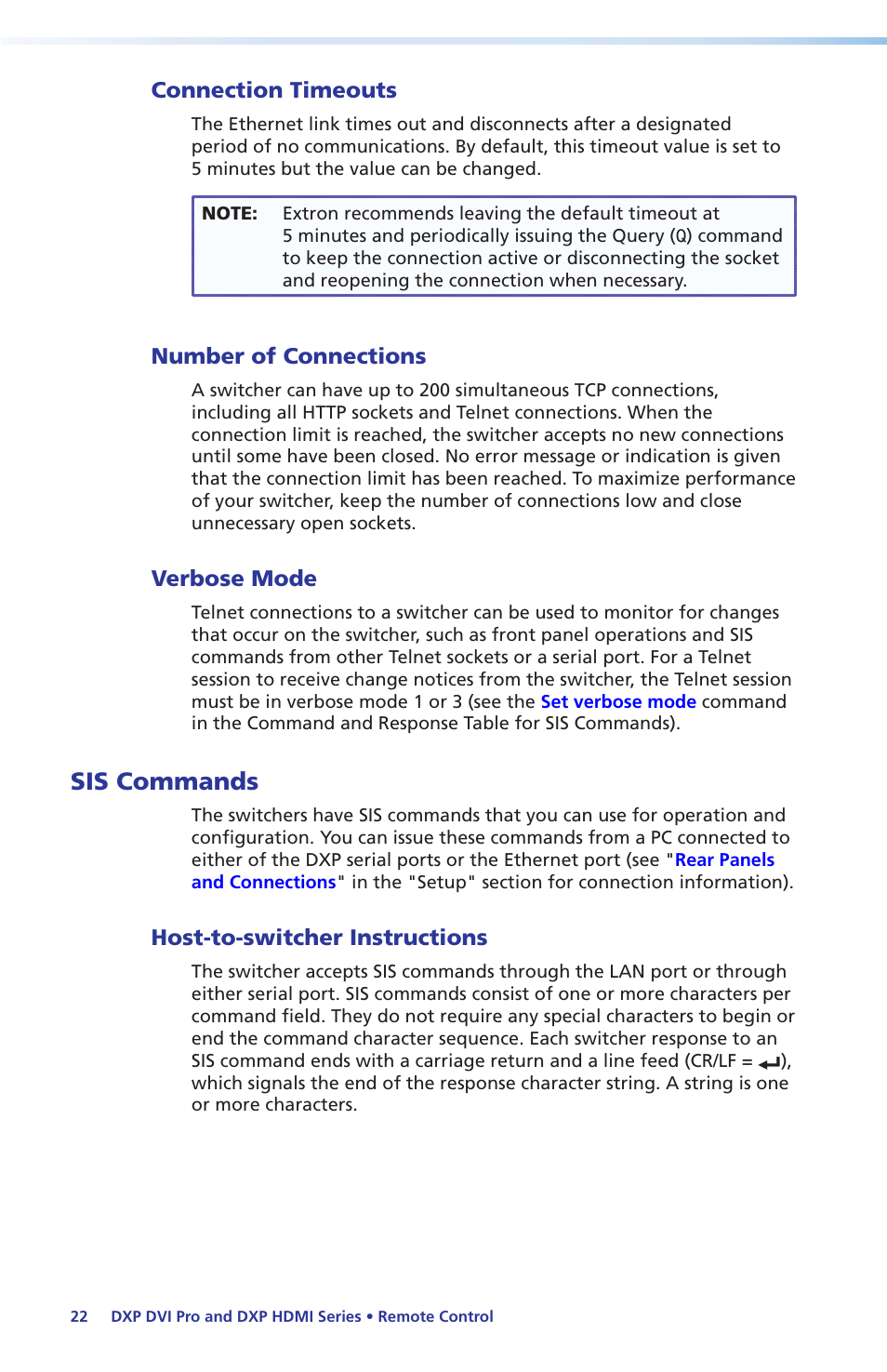 Connection timeouts, Number of connections, Verbose mode | Sis commands, Host-to-switcher instructions, In the "remote control" section, see | Extron Electronics DXP DVI Pro Setup Guide User Manual | Page 28 / 48