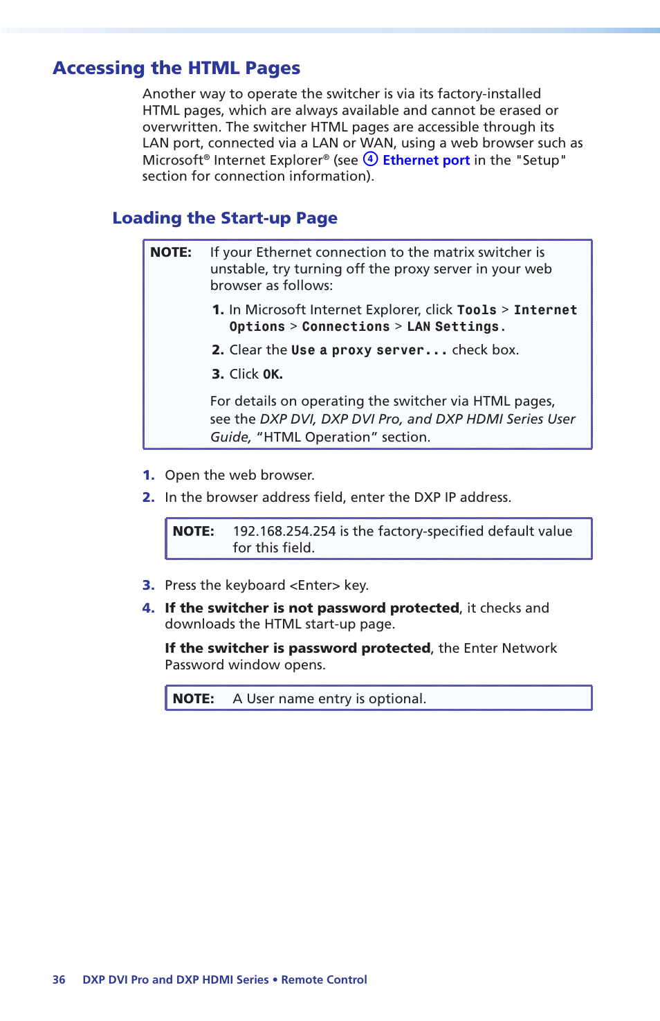 Accessing the html pages, Loading the start-up page | Extron Electronics DXP DVI Pro Setup Guide User Manual | Page 42 / 48