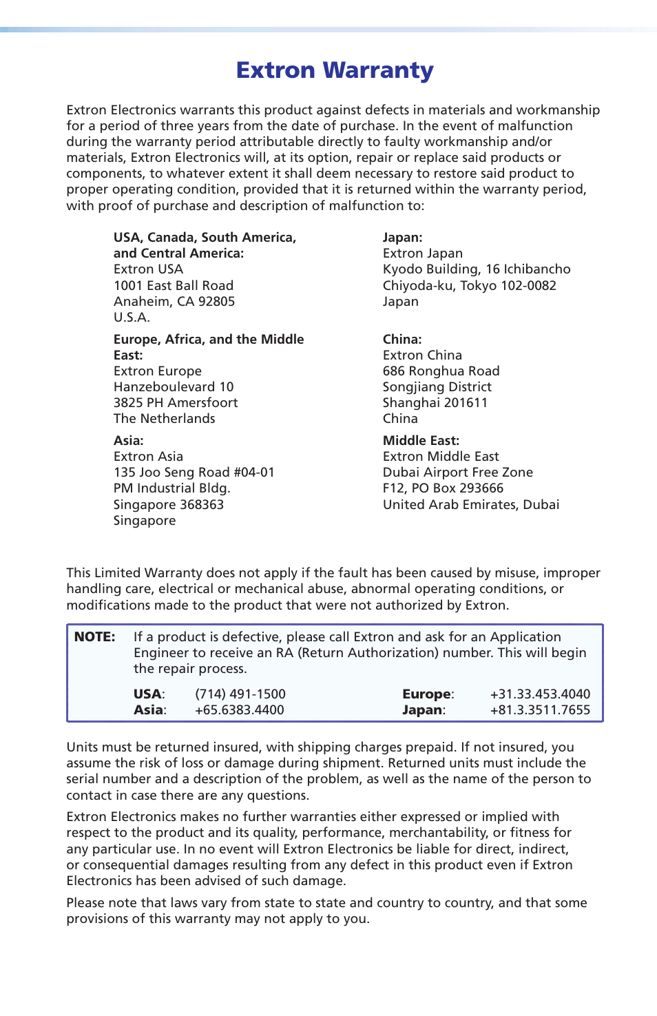 Extron warranty, Warranty | Extron Electronics DXP DVI Pro Setup Guide User Manual | Page 47 / 48