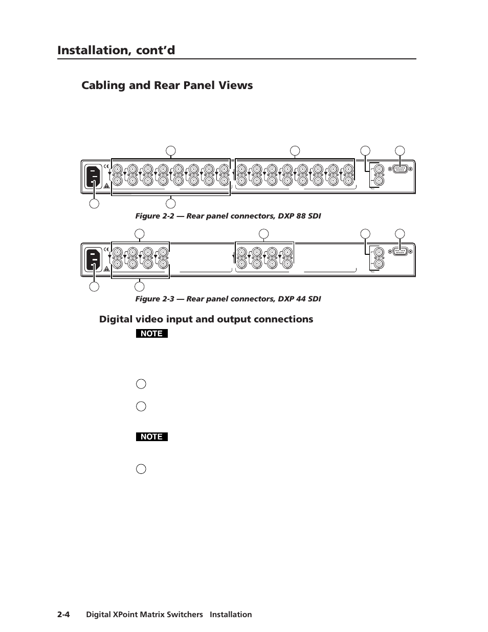 Cabling and rear panel views, Digital video input and output connections, Installation, cont’d | Digital xpoint matrix switchers • installation 2-4, Figure 2-2 — rear panel connectors, dxp 88 sdi, Figure 2-3 — rear panel connectors, dxp 44 sdi | Extron Electronics DXP Series User Manual | Page 15 / 65