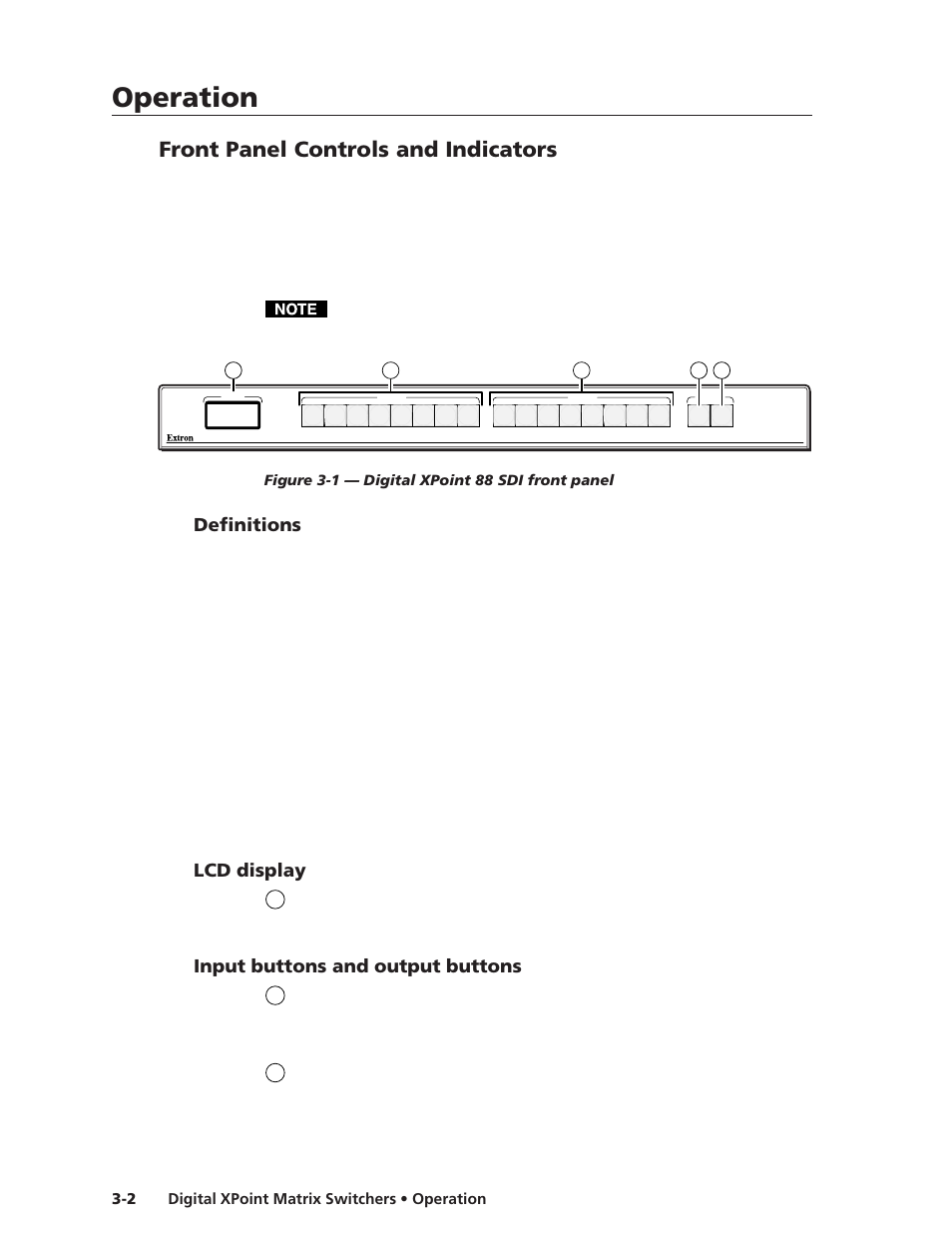 Front panel controls and indicators, Definitions, Lcd display | Input buttons and output buttons, Operation, Operation, cont’d | Extron Electronics DXP Series User Manual | Page 19 / 65