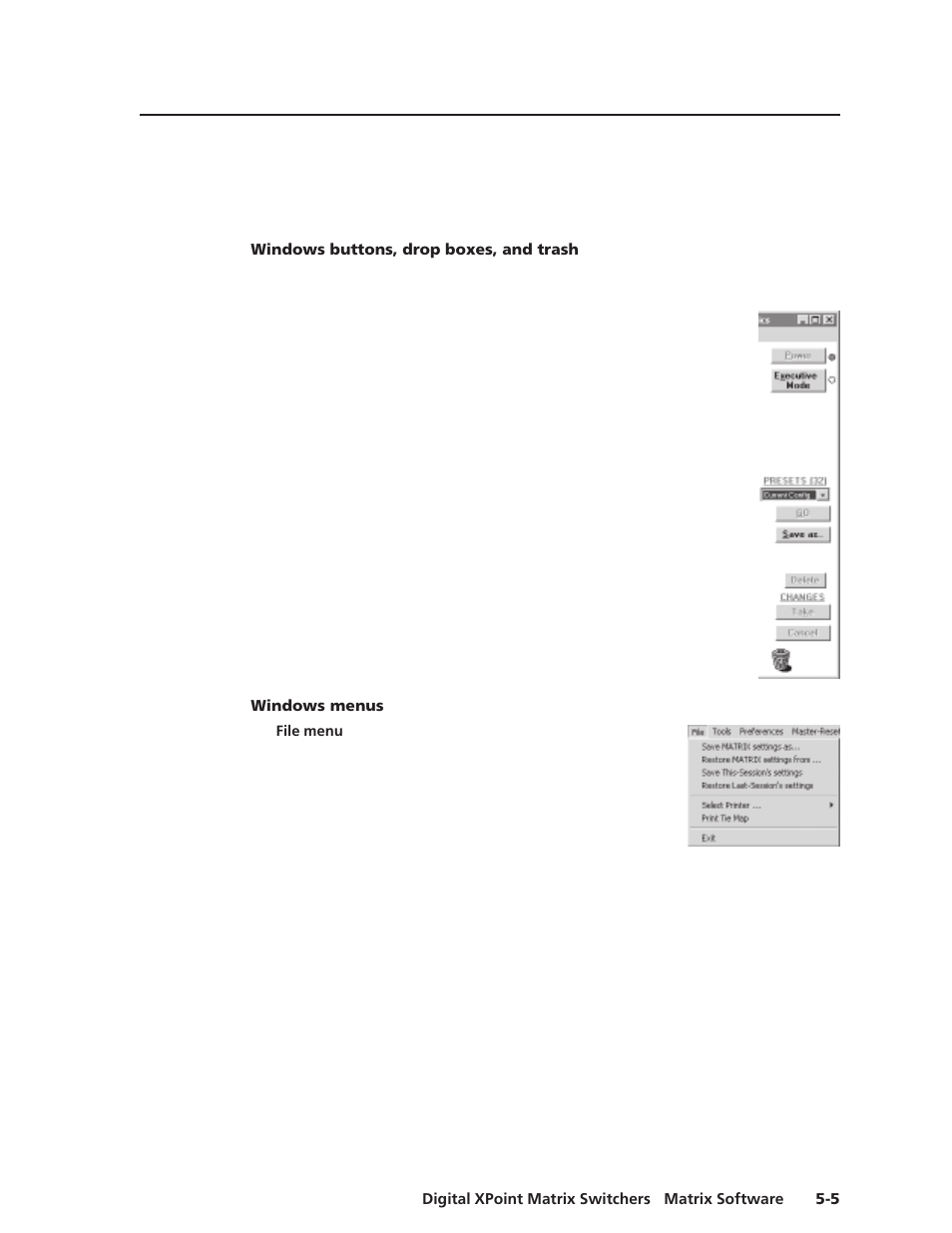 Windows buttons, drop boxes, and trash, Windows menus, File menu | Extron Electronics DXP Series User Manual | Page 46 / 65