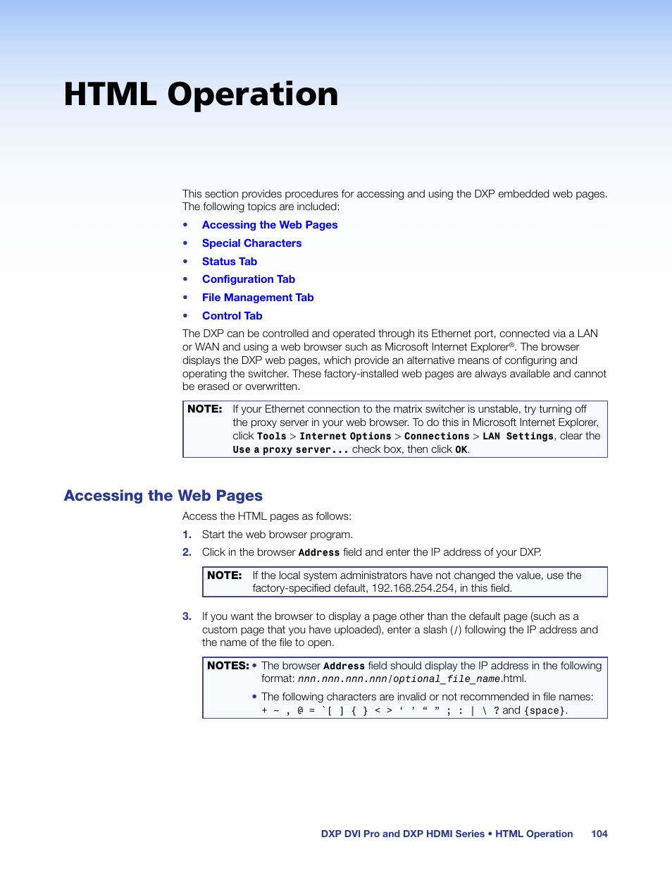 Html operation, See the, Accessing the web pages | Extron Electronics DXP HDMI User Guide User Manual | Page 110 / 136