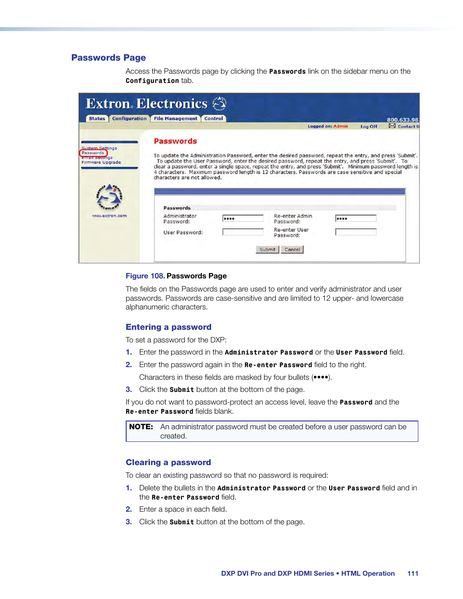 Tab to access the system settings, Passwords | Extron Electronics DXP HDMI User Guide User Manual | Page 117 / 136