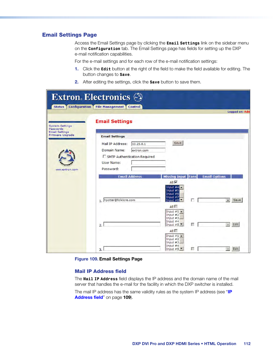 Email, Settings | Extron Electronics DXP HDMI User Guide User Manual | Page 118 / 136