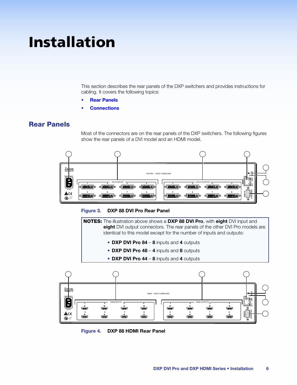 Installation, Rear panels, Figure 4. dxp 88 hdmi rear panel | Dxp dvi pro and dxp hdmi series • installation 6 | Extron Electronics DXP HDMI User Guide User Manual | Page 12 / 136