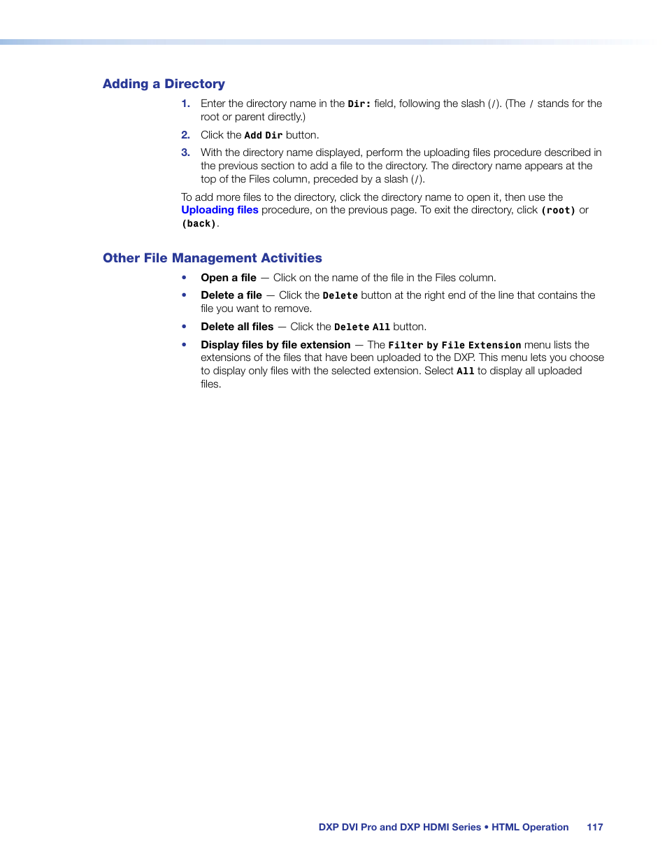 Adding a directory, Other file management activities | Extron Electronics DXP HDMI User Guide User Manual | Page 123 / 136