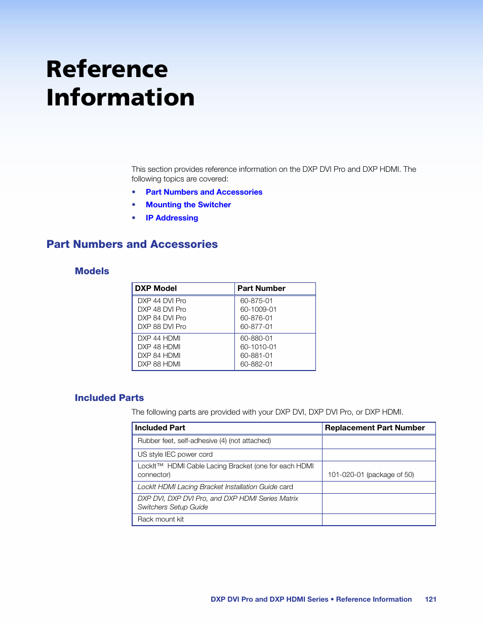 Reference information, Part numbers and accessories, Models | Included parts, Models included parts | Extron Electronics DXP HDMI User Guide User Manual | Page 127 / 136