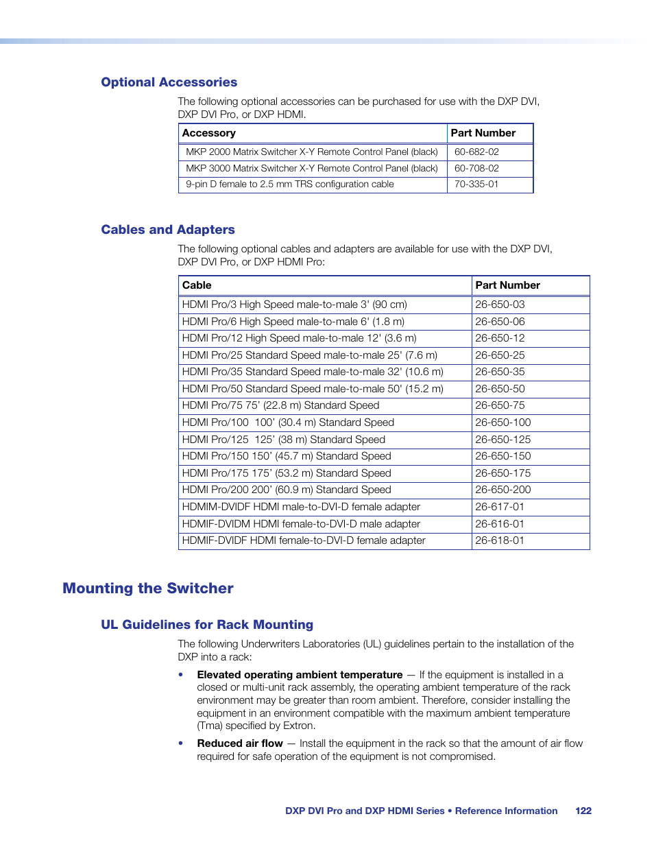 Optional accessories, Cables and adapters, Mounting the switcher | Ul guidelines for rack mounting, Optional accessories cables and adapters | Extron Electronics DXP HDMI User Guide User Manual | Page 128 / 136