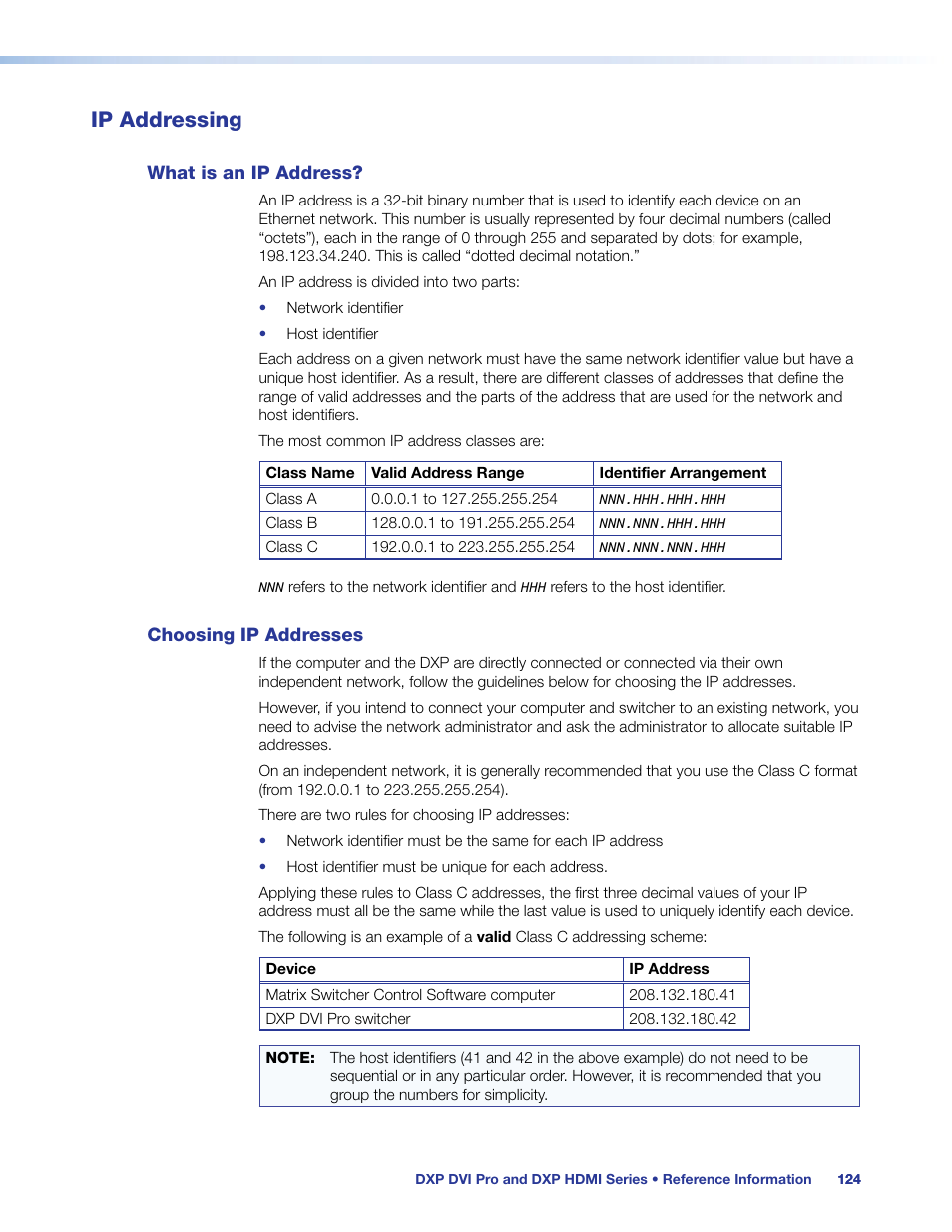 Ip addressing, What is an ip address, Choosing ip addresses | What is an ip address? choosing ip addresses, Opriate link on the sidebar menu. see | Extron Electronics DXP HDMI User Guide User Manual | Page 130 / 136