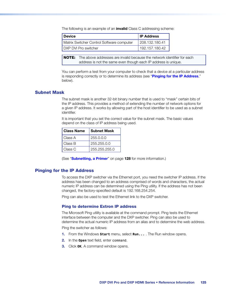 Subnet mask, Pinging for the ip address, Subnet mask pinging for the ip address | Extron Electronics DXP HDMI User Guide User Manual | Page 131 / 136