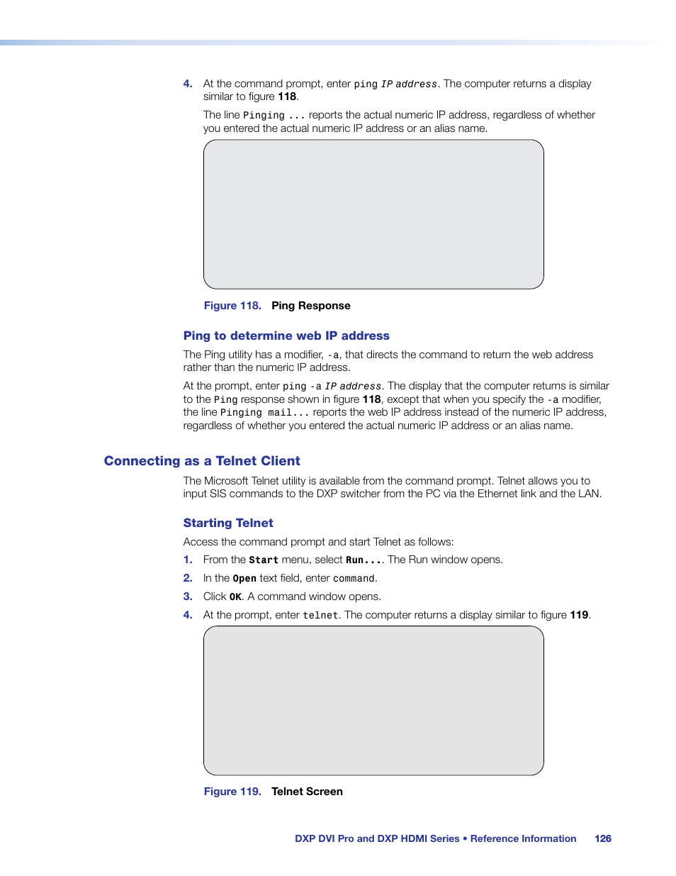 Connecting as a telnet client, Elnet, see, Connecting | As a telnet client | Extron Electronics DXP HDMI User Guide User Manual | Page 132 / 136