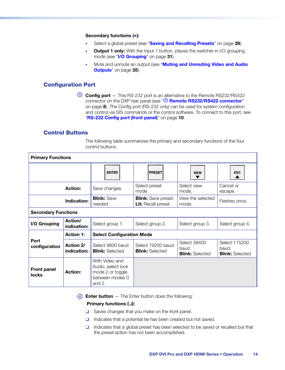Configuration port, Control buttons, Configuration port control buttons | Extron Electronics DXP HDMI User Guide User Manual | Page 20 / 136