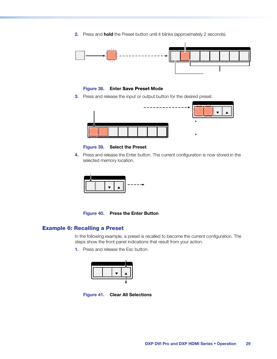 Example 6: recalling a preset, Figure 40. press the enter button, Figure 41. clear all selections | Extron Electronics DXP HDMI User Guide User Manual | Page 35 / 136