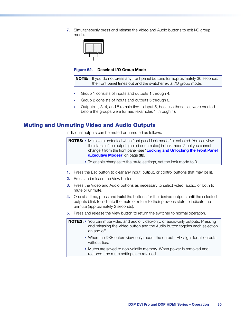 Muting and unmuting video and audio outputs, Muting and unmuting video and audio, Outputs | Extron Electronics DXP HDMI User Guide User Manual | Page 41 / 136