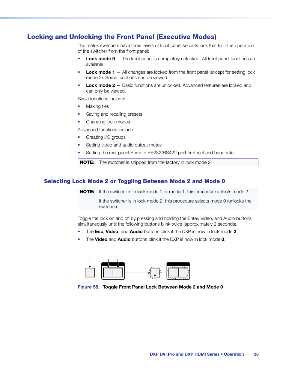 Locking and unlocking the front panel, Executive modes), Selecting lock mode 2 or toggling | Between mode 2 and mode 0, Mode 2 and lock mode 0) (see, Ont panel (see | Extron Electronics DXP HDMI User Guide User Manual | Page 44 / 136