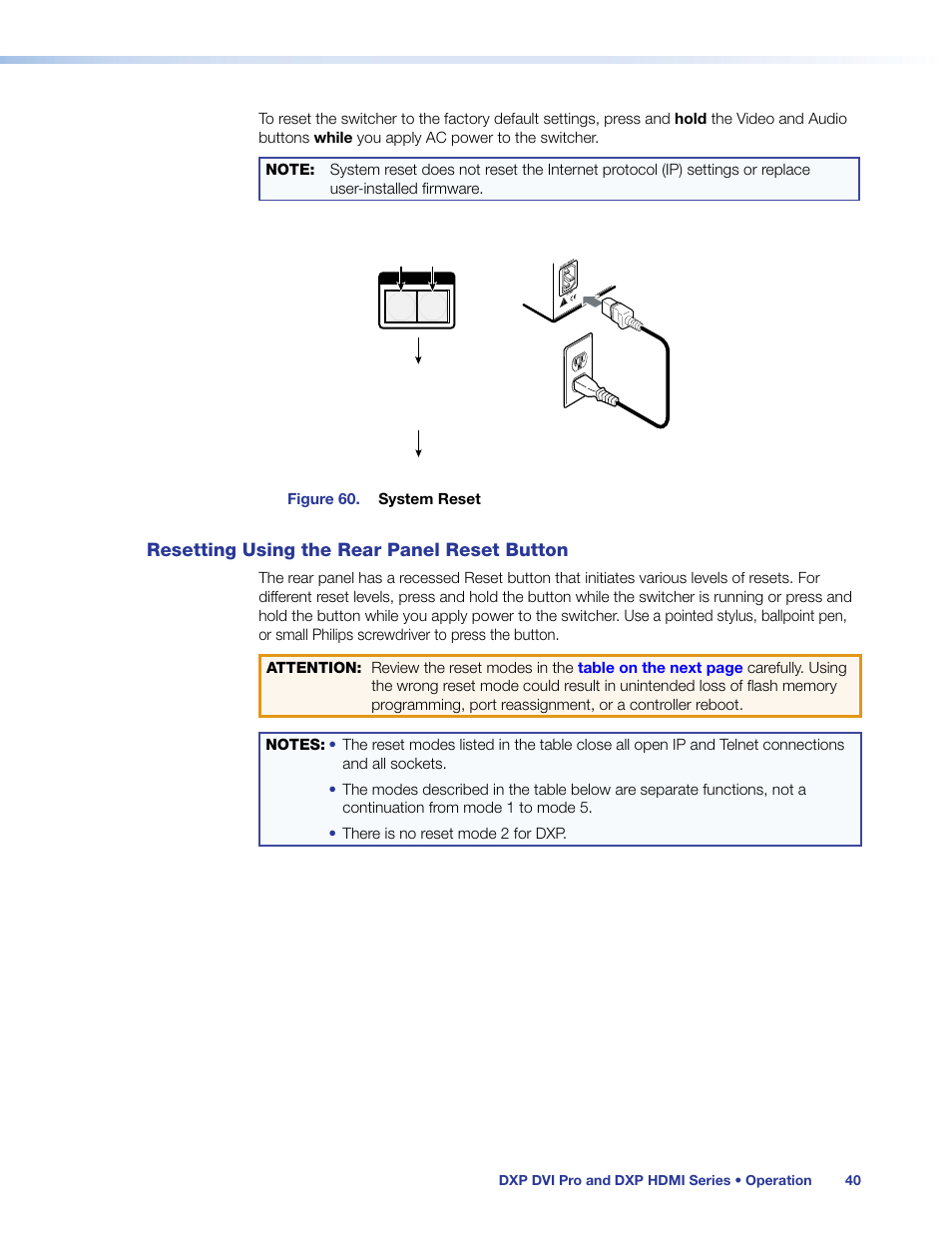 Resetting using the rear panel reset button, Resetting using the rear panel reset, Button | Extron Electronics DXP HDMI User Guide User Manual | Page 46 / 136