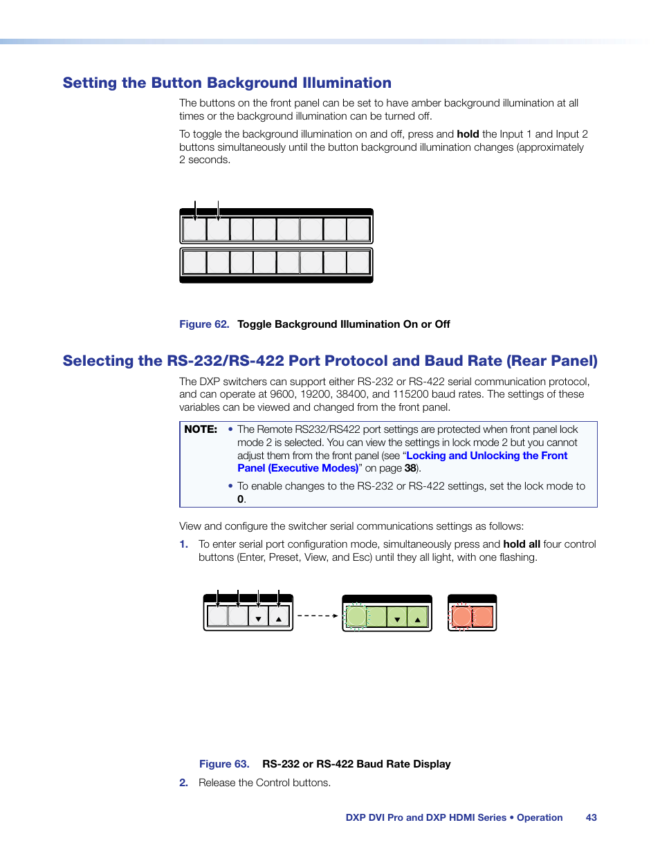 Setting the button background illumination, And baud rate (rear panel), The illumination (see | Selecting the rs-232/rs-422 protocol and baud, Rate (rear panel) | Extron Electronics DXP HDMI User Guide User Manual | Page 49 / 136