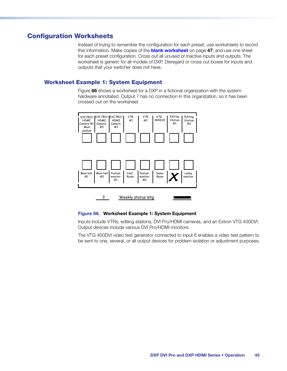 Configuration worksheets, Worksheet example 1: system equipment, Worksheet example 1: system | Equipment | Extron Electronics DXP HDMI User Guide User Manual | Page 51 / 136