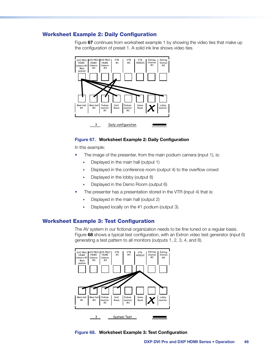 Worksheet example 2: daily configuration, Worksheet example 3: test configuration, Displayed in the main hall (output 1) | Displayed in the lobby (output 8), Displayed in the main hall (output 2), Displayed locally on the #1 podium (output 3), Figure 68. worksheet example 3: test configuration, Dxp dvi pro and dxp hdmi series • operation 46 | Extron Electronics DXP HDMI User Guide User Manual | Page 52 / 136
