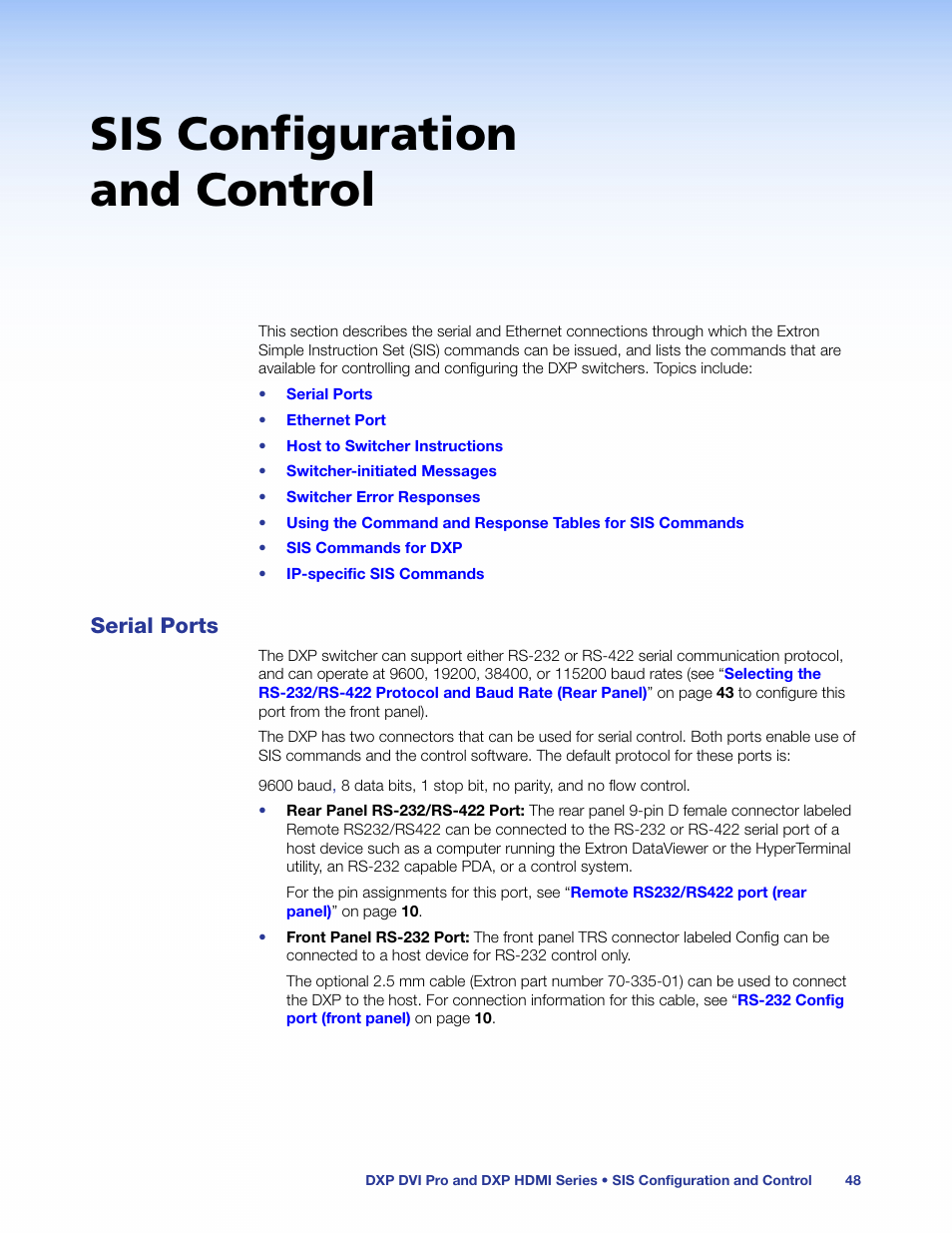 Sis configuration and control, Serial ports, Ol (see the | Extron Electronics DXP HDMI User Guide User Manual | Page 54 / 136
