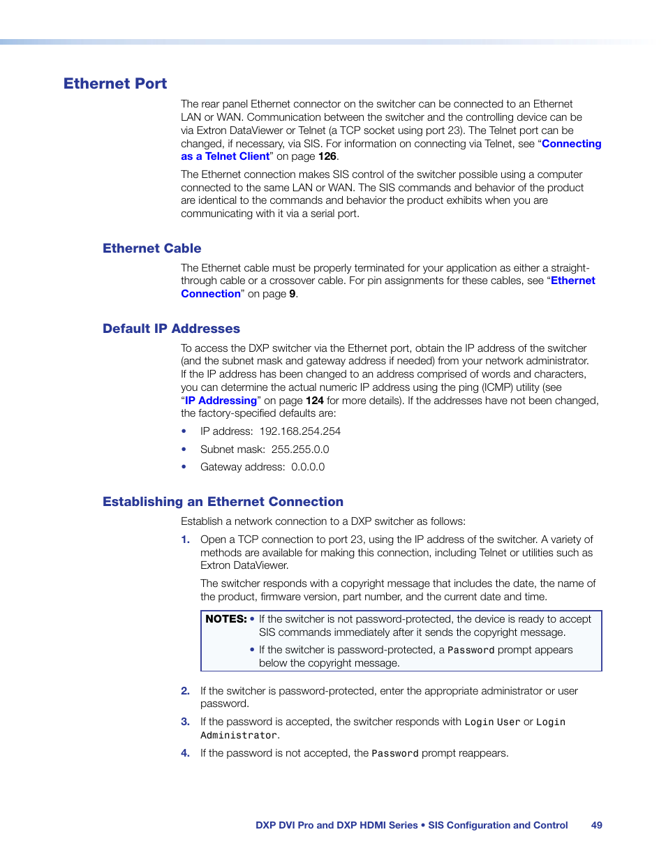 Ethernet port, Ethernet cable, Default ip addresses | Establishing an ethernet connection | Extron Electronics DXP HDMI User Guide User Manual | Page 55 / 136