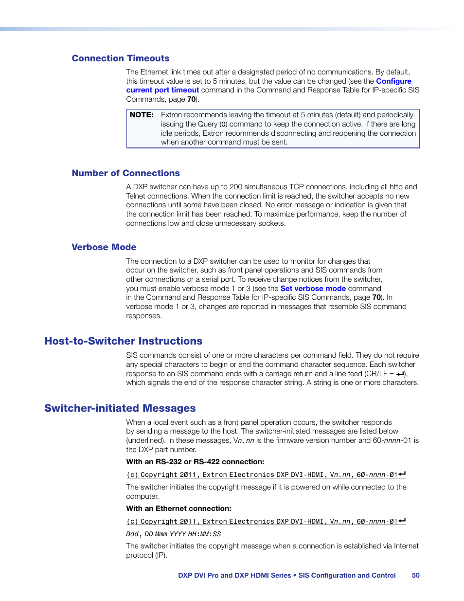 Connection timeouts, Number of connections, Verbose mode | Host-to-switcher instructions, Switcher-initiated messages, Host to switcher instructions | Extron Electronics DXP HDMI User Guide User Manual | Page 56 / 136