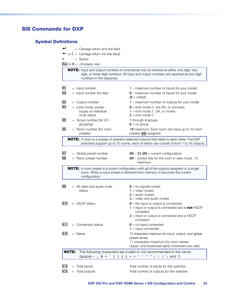 Sis commands for dxp, Symbol definitions | Extron Electronics DXP HDMI User Guide User Manual | Page 59 / 136