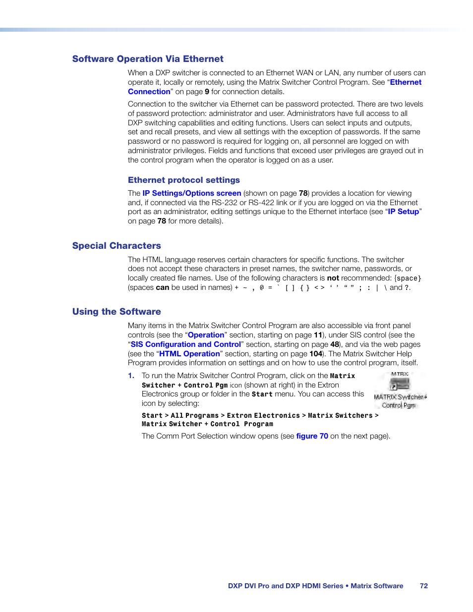 Software operation via ethernet, Special characters, Using the software | Extron Electronics DXP HDMI User Guide User Manual | Page 78 / 136