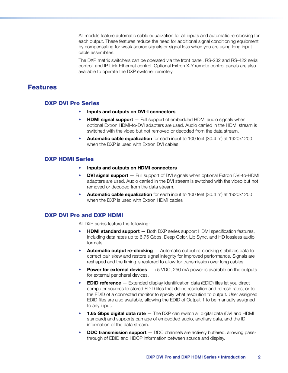 Features, Dxp dvi pro series, Dxp hdmi series | Dxp dvi pro and dxp hdmi | Extron Electronics DXP HDMI User Guide User Manual | Page 8 / 136