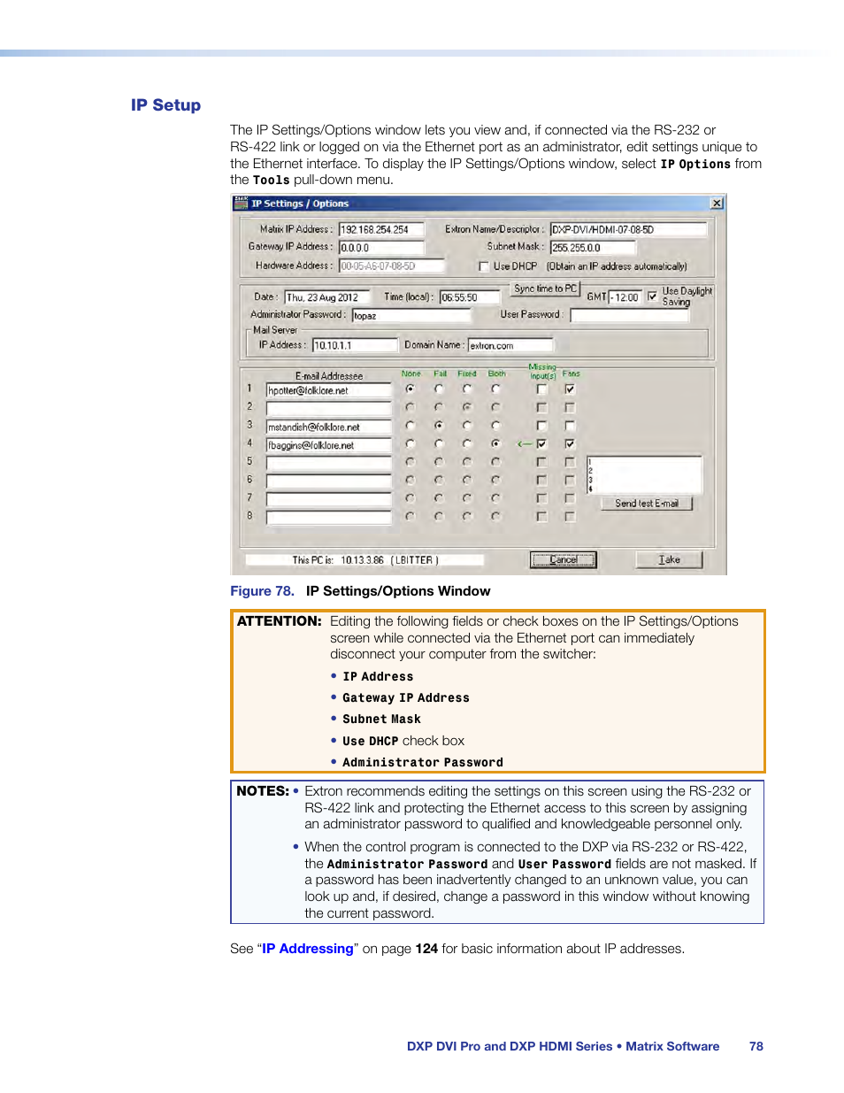 Ip setup, Ip settings/options screen | Extron Electronics DXP HDMI User Guide User Manual | Page 84 / 136