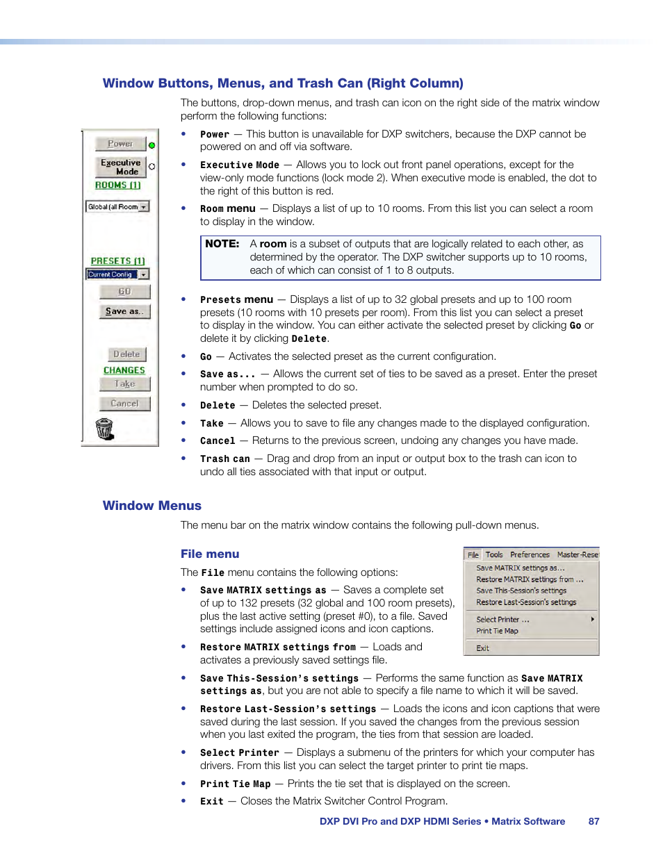 Window menus, Window buttons, menus, and trash can, Right column) | Extron Electronics DXP HDMI User Guide User Manual | Page 93 / 136