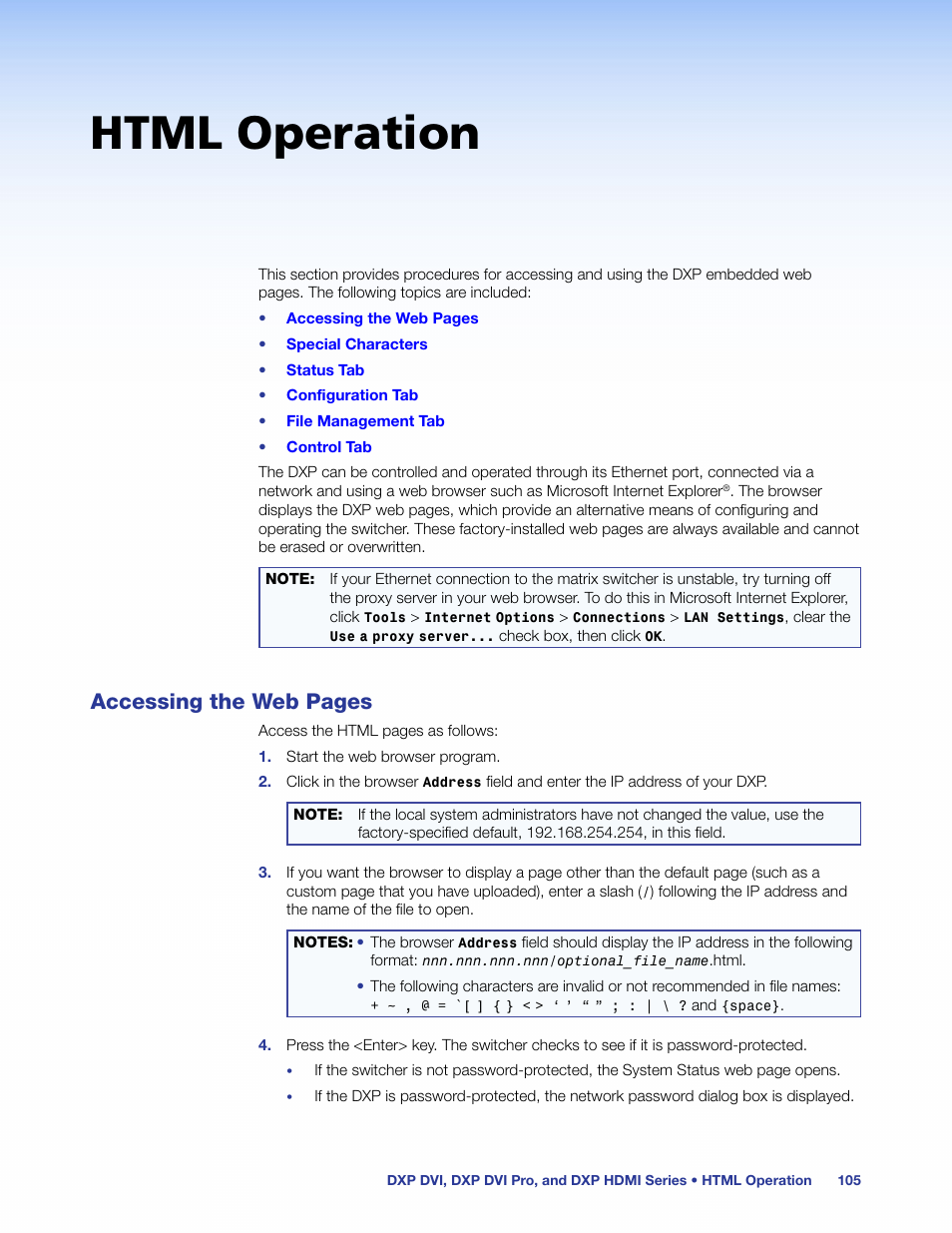 Html operation, Accessing the web pages | Extron Electronics DXP HDMI User Manual | Page 111 / 137