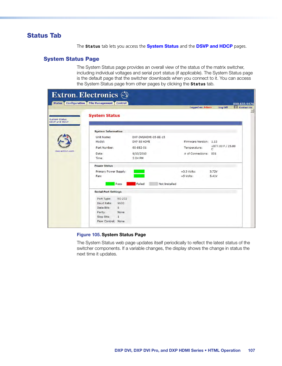 Status tab | Extron Electronics DXP HDMI User Manual | Page 113 / 137