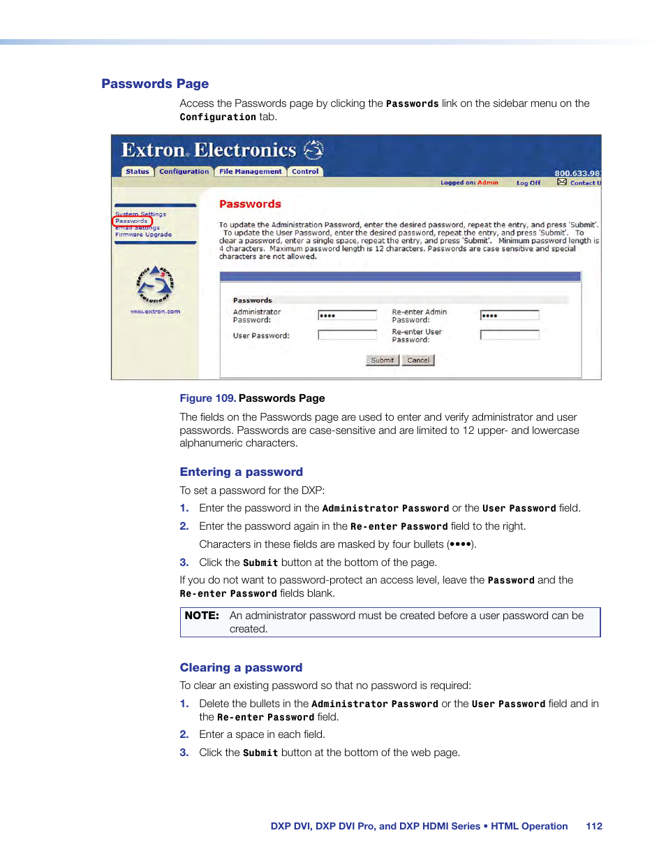 Tab to access the system settings, Passwords | Extron Electronics DXP HDMI User Manual | Page 118 / 137
