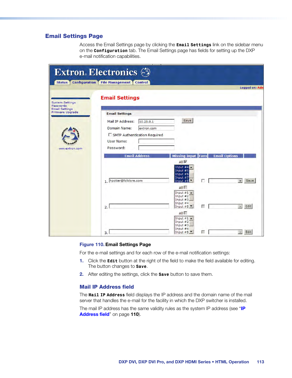 Email, Settings | Extron Electronics DXP HDMI User Manual | Page 119 / 137