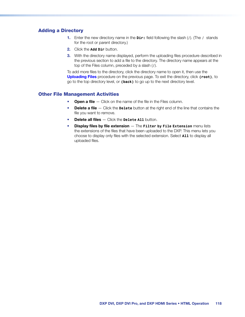 Adding a directory, Other file management activities | Extron Electronics DXP HDMI User Manual | Page 124 / 137