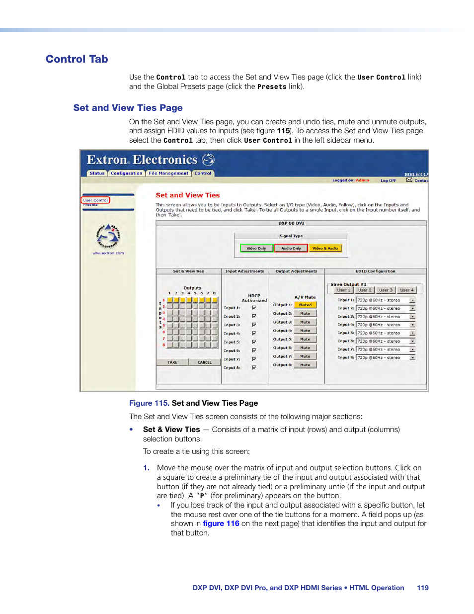 Control tab | Extron Electronics DXP HDMI User Manual | Page 125 / 137