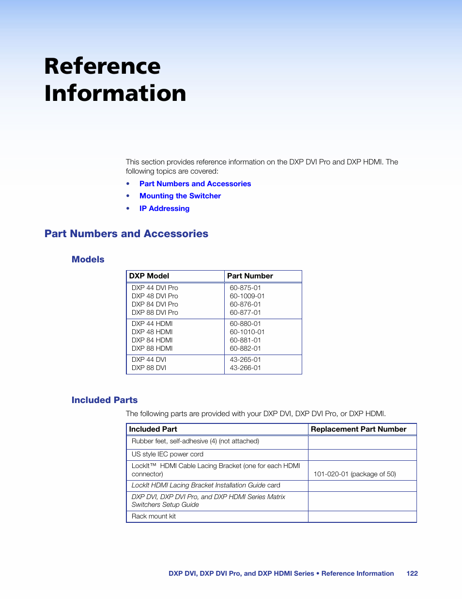 Reference information, Part numbers and accessories, Models | Included parts, Models included parts | Extron Electronics DXP HDMI User Manual | Page 128 / 137