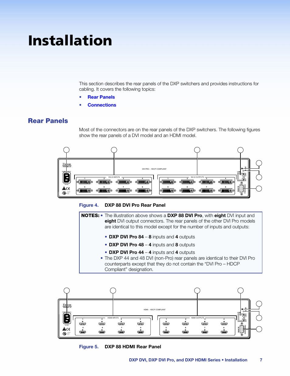 Installation, Rear panels, Figure 5. dxp 88 hdmi rear panel | Extron Electronics DXP HDMI User Manual | Page 13 / 137