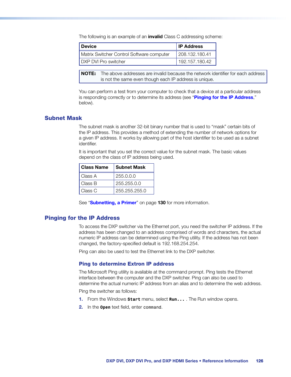 Subnet mask, Pinging for the ip address, Subnet mask pinging for the ip address | Extron Electronics DXP HDMI User Manual | Page 132 / 137