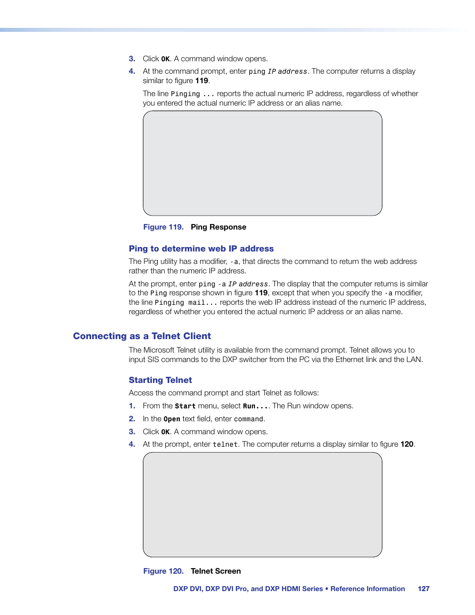Connecting as a telnet client, Elnet, see, Connecting | As a telnet client | Extron Electronics DXP HDMI User Manual | Page 133 / 137