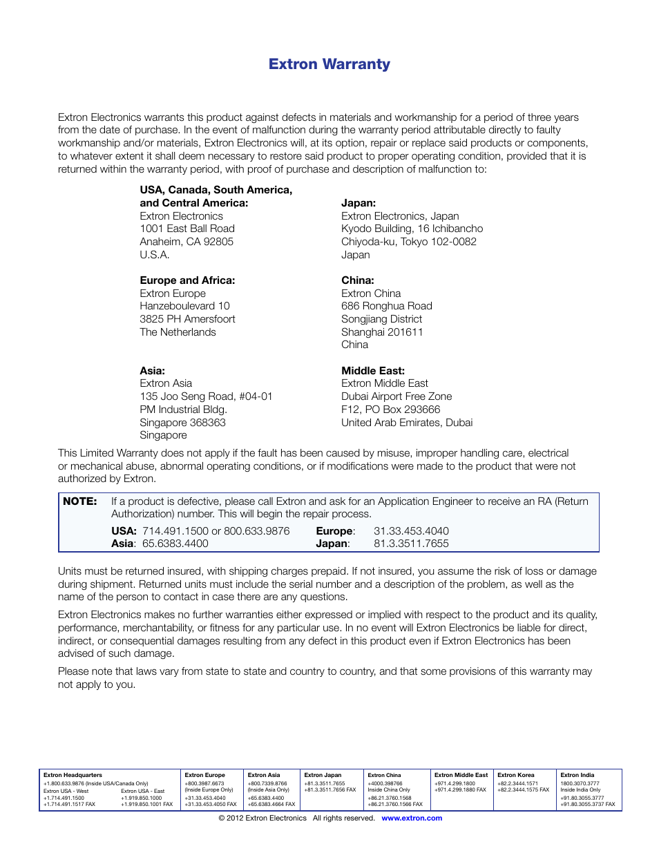 Extron warranty, Contact information extron warranty | Extron Electronics DXP HDMI User Manual | Page 137 / 137