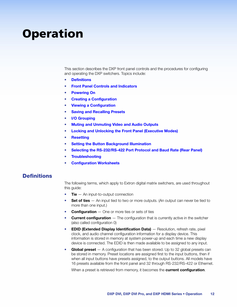 Operation, Definitions | Extron Electronics DXP HDMI User Manual | Page 18 / 137