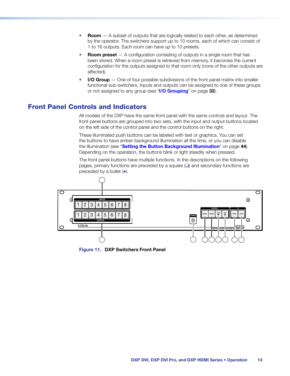 Front panel controls and indicators | Extron Electronics DXP HDMI User Manual | Page 19 / 137
